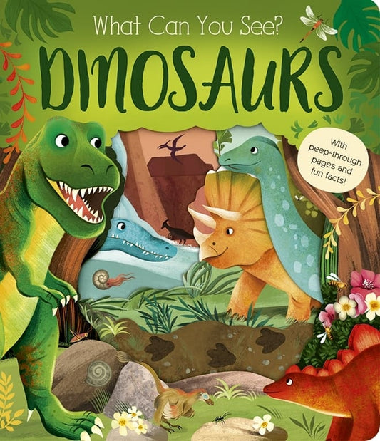 Book cover of 'What Can You See? Dinosaurs' with colorful dinosaurs and a jungle scene.