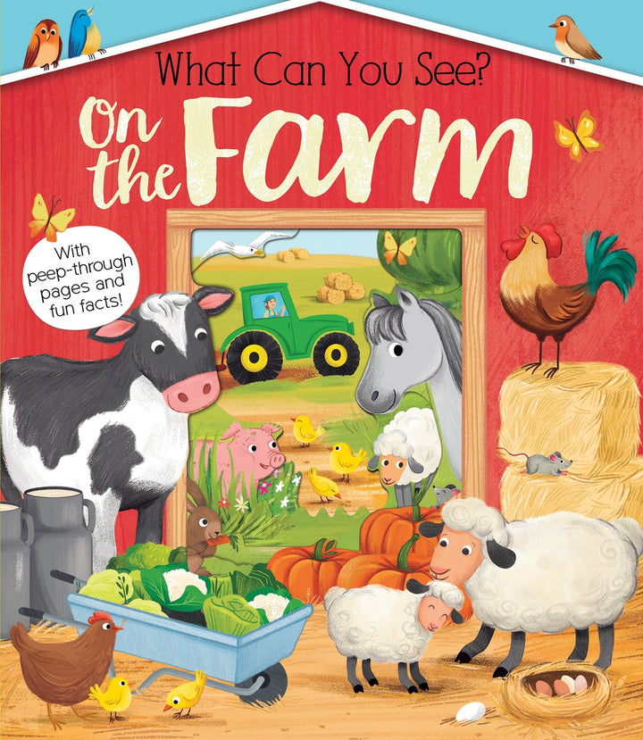 Children's book cover titled 'What Can You See? On the Farm' with farm animals and a tractor illustration.