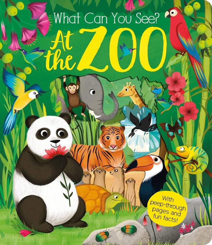 Children's book cover titled 'What Can You See? At the Zoo' with colorful illustrations of animals and flowers.